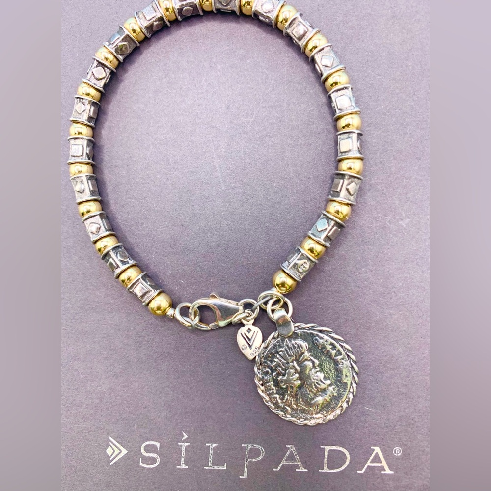 Silpada VERY RARE HTF Sterling & 14K Gold Filled Bead Roman Coin Charm Bracelet
